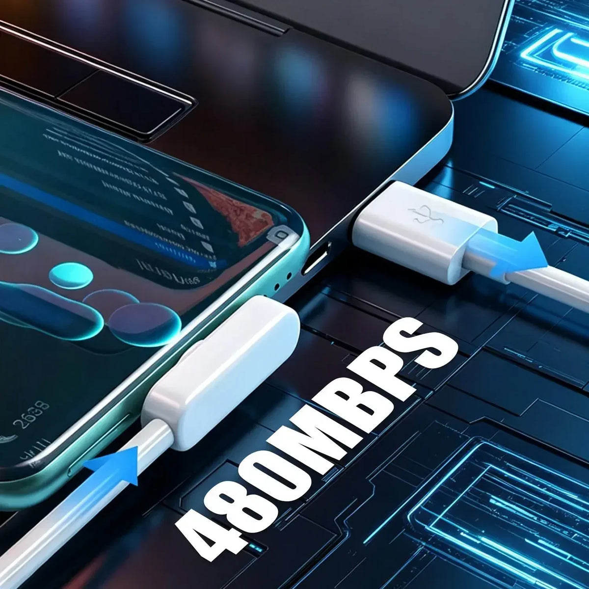 A close-up of a smartphone displaying a data transfer screen next to a white Type-C charging cable with the text 480MBPS.