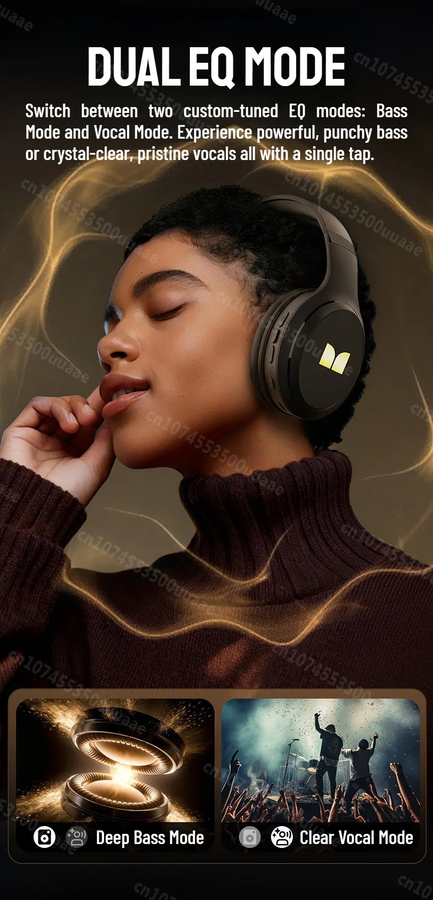 Headphones demonstrating the dual EQ mode feature, switching between Bass Mode and Vocal Mode.