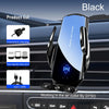 A black wireless car phone mount is shown installed in a car air outlet, with components like a clamp and a Type C cable visi