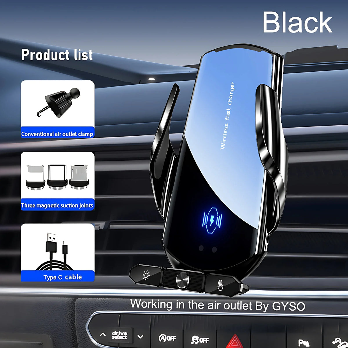 A black wireless car phone mount is shown installed in a car air outlet, with components like a clamp and a Type C cable visi