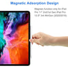 A hand is holding a white stylus pen near an iPad Pro displaying a colorful background.