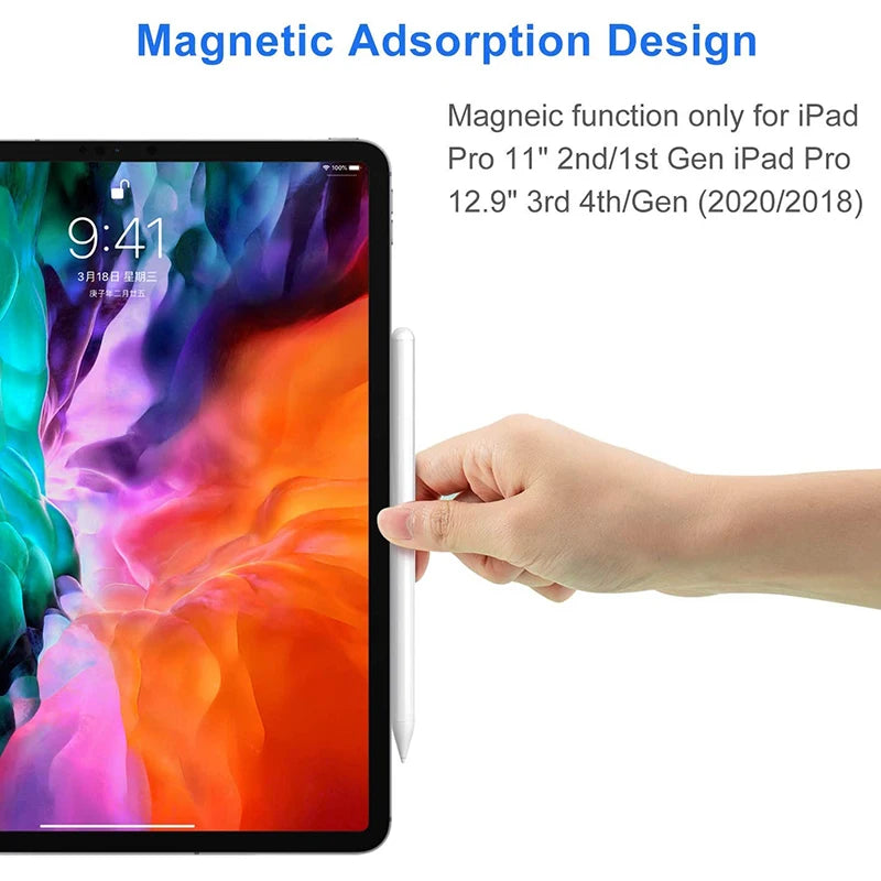 A hand is holding a white stylus pen near an iPad Pro displaying a colorful background.