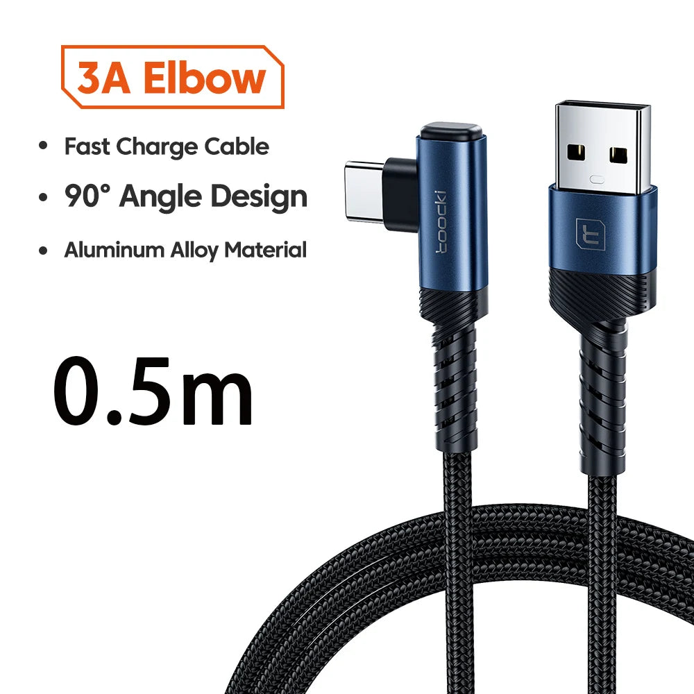A black USB-C fast charging cable with a 90 degree angle design and aluminum alloy material.