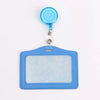 A light blue PU leather retractable ID card holder with a clear plastic window and a blue clip.