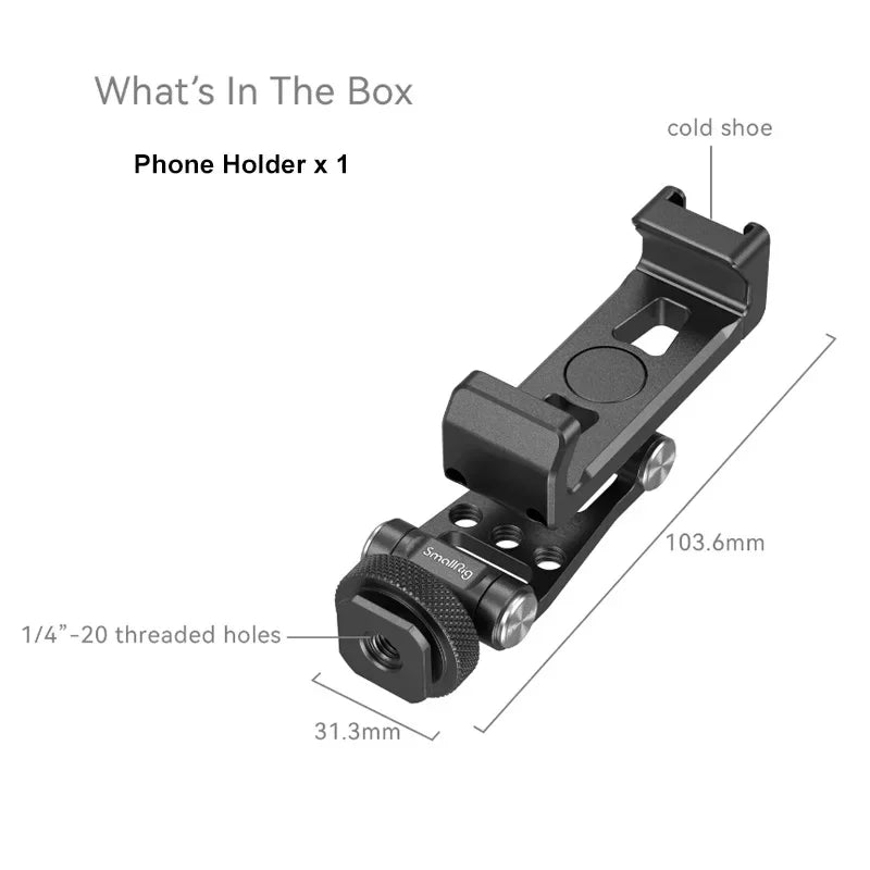 A black metal phone holder with 1/4-20 threaded holes shown in a close-up view.