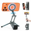 Soporte magnético de teléfono naranja con anillo circular y brazo ajustable, mostrado en varias configuraciones.
