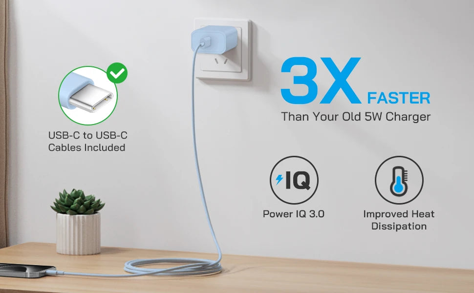 A white wall display showing a USB-C cable and power adapter with text highlighting 3X faster charging and improved heat diss