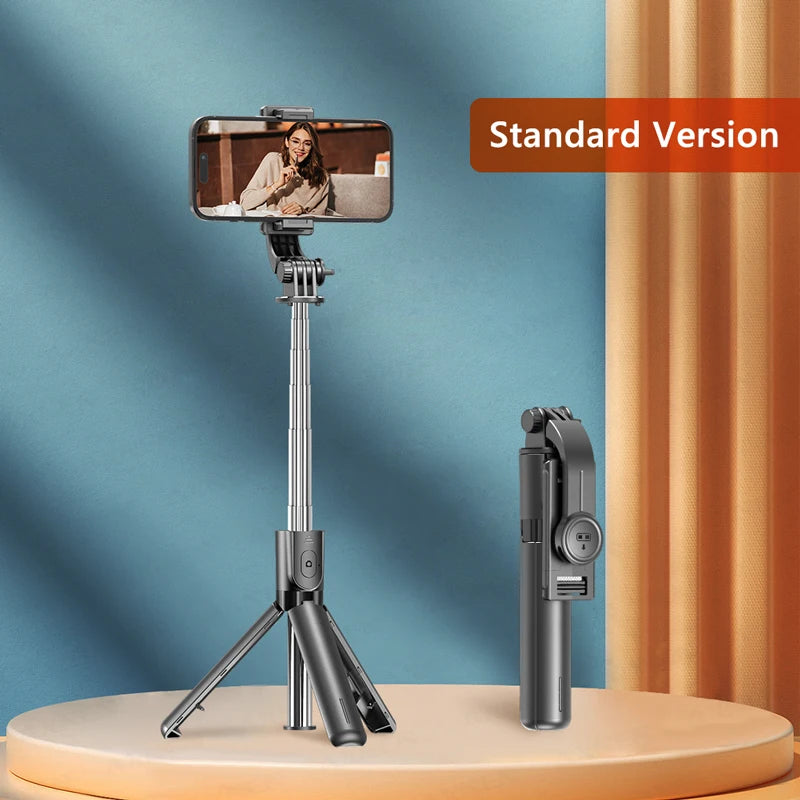A standard version of a versatile selfie stick tripod is displayed on a round surface.