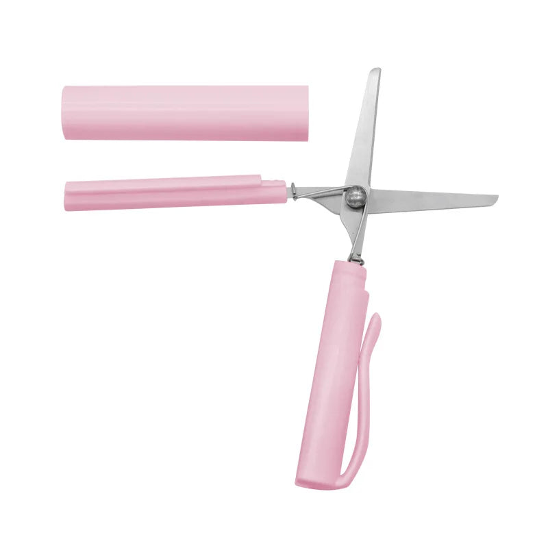 Pinkes, faltbares, rostfreies, silbernes Scherenstift-Compact mit rosa Zylinder und silbernen Klingen