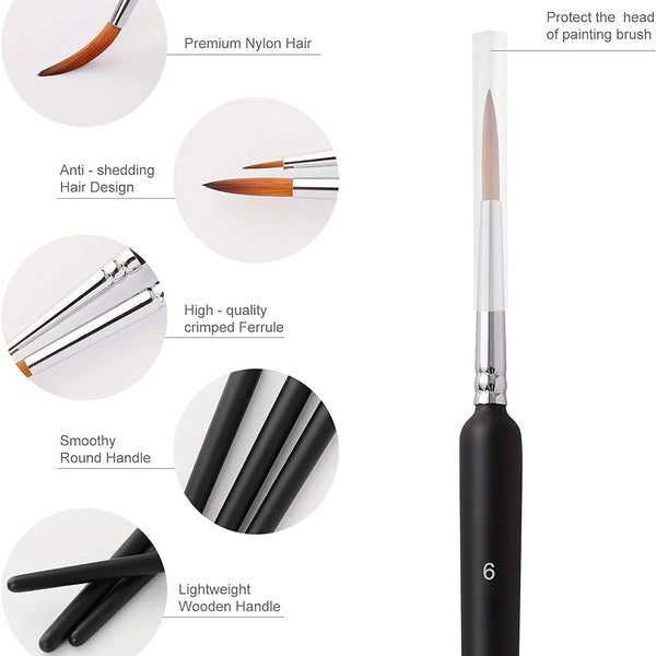 A set of professional miniature paint brushes featuring premium nylon hair and ergonomic handles.