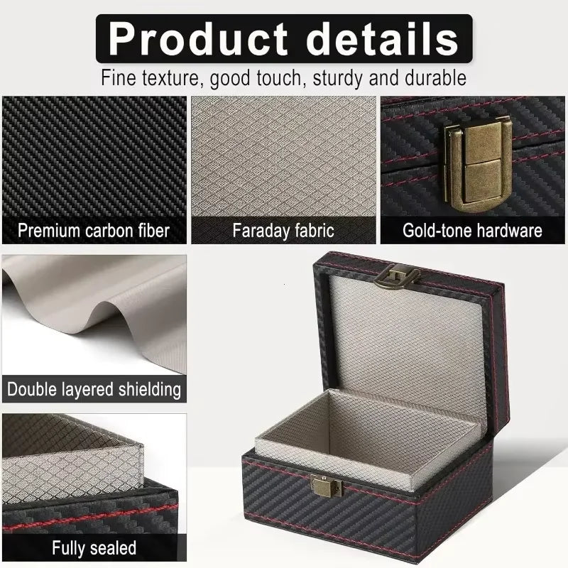 A black and gray RFID blocking Faraday key fob protector case with a gold-tone hardware and double layered shielding.