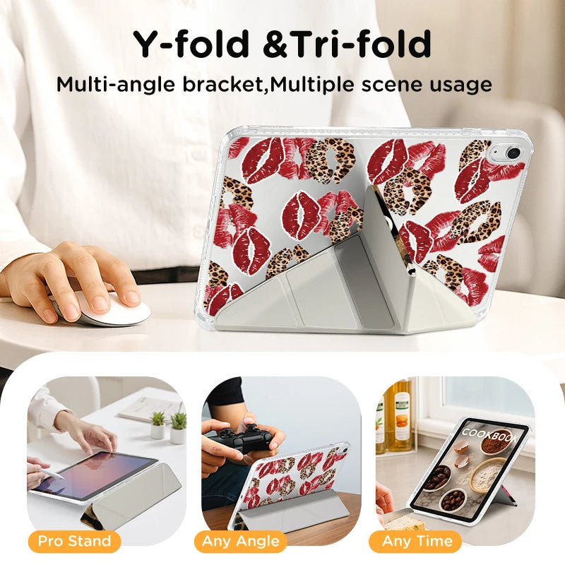 Y-fold and Tri-fold multi-angle bracket protective cover for an iPad featuring a leopard print design