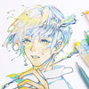 A detailed colored pencil drawing of a young man with light blue hair and tear marks, holding a pen.