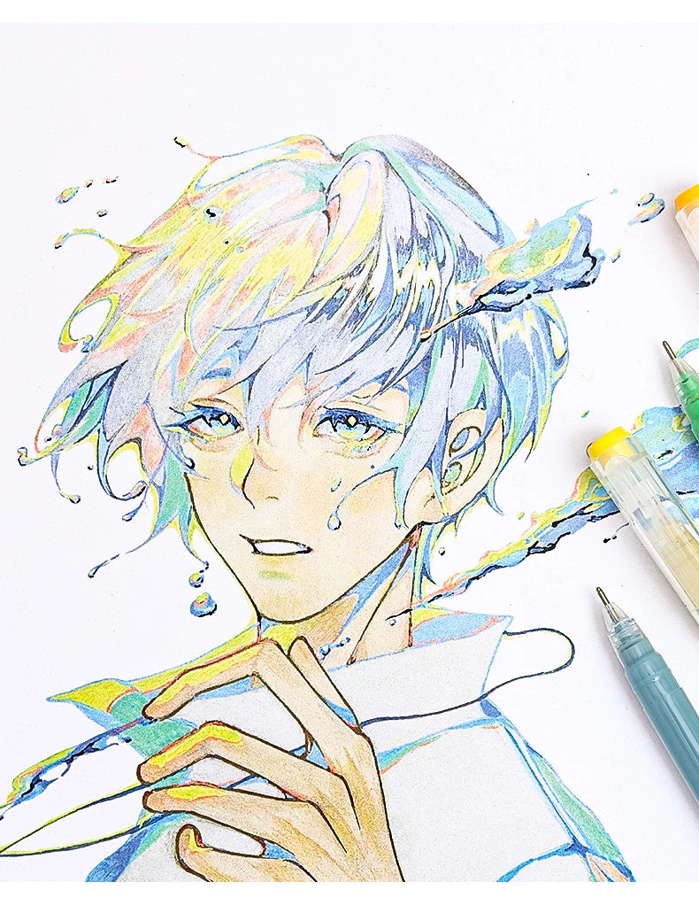 A detailed colored pencil drawing of a young man with light blue hair and tear marks, holding a pen.