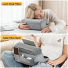 A gray multi-angle tablet and phone stand is shown in use for both a lunch break pillow and a tablet, demonstrating its versa