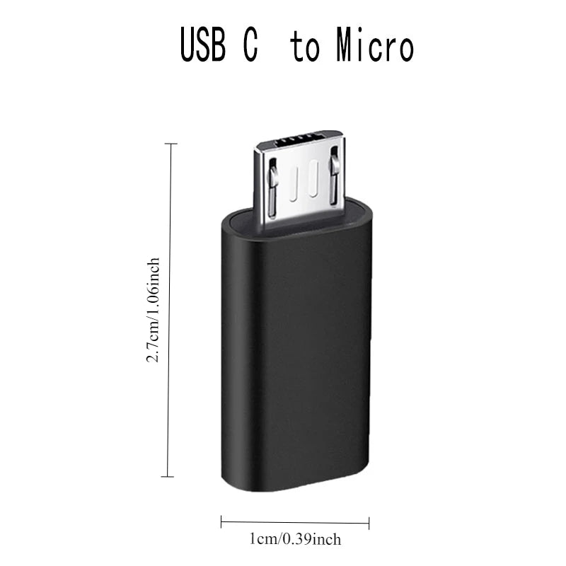 A black USB C to Micro adapter with a connector for charging and data sync.