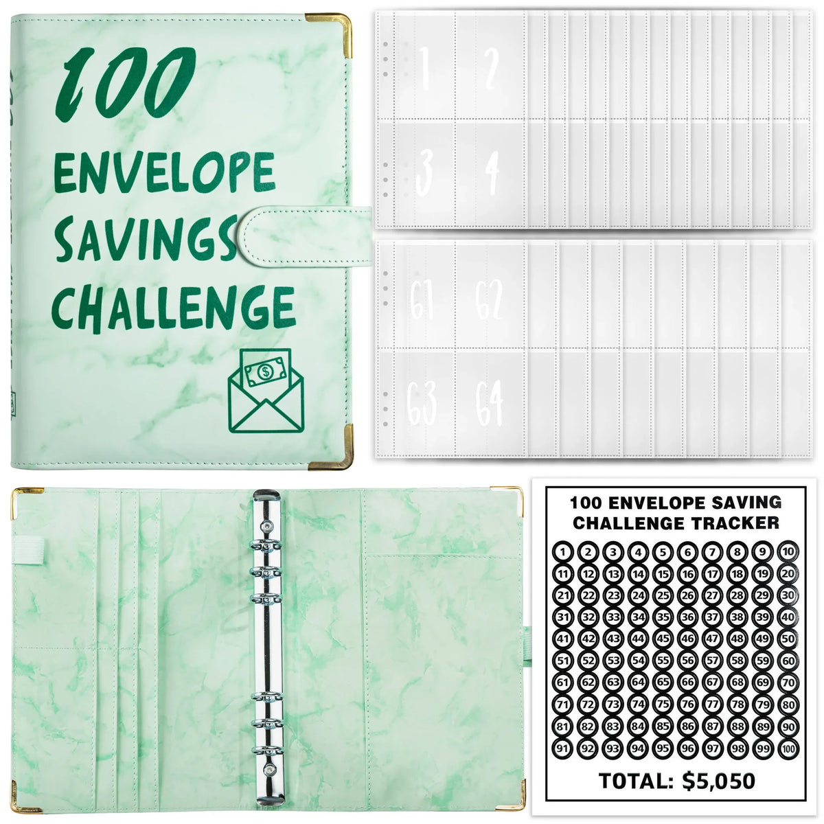 A green marble budget binder with numbered envelopes and a tracker showing a total of $5,050