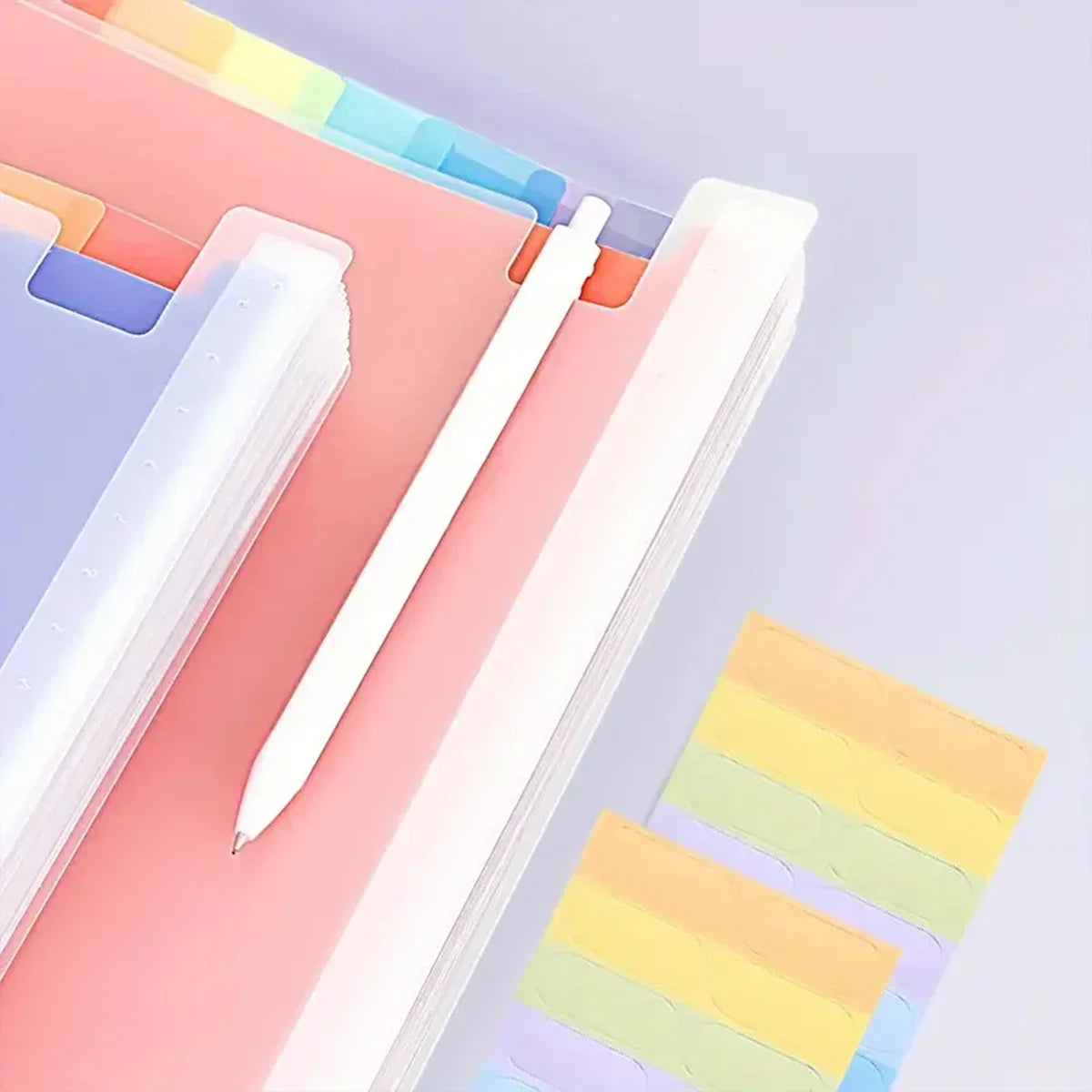 A rainbow vertical multi-layer storage file rack with pink, yellow, and blue colored folders and a white pen.