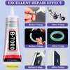 A set of three B-7000 adhesives showing before and after usage on various materials.