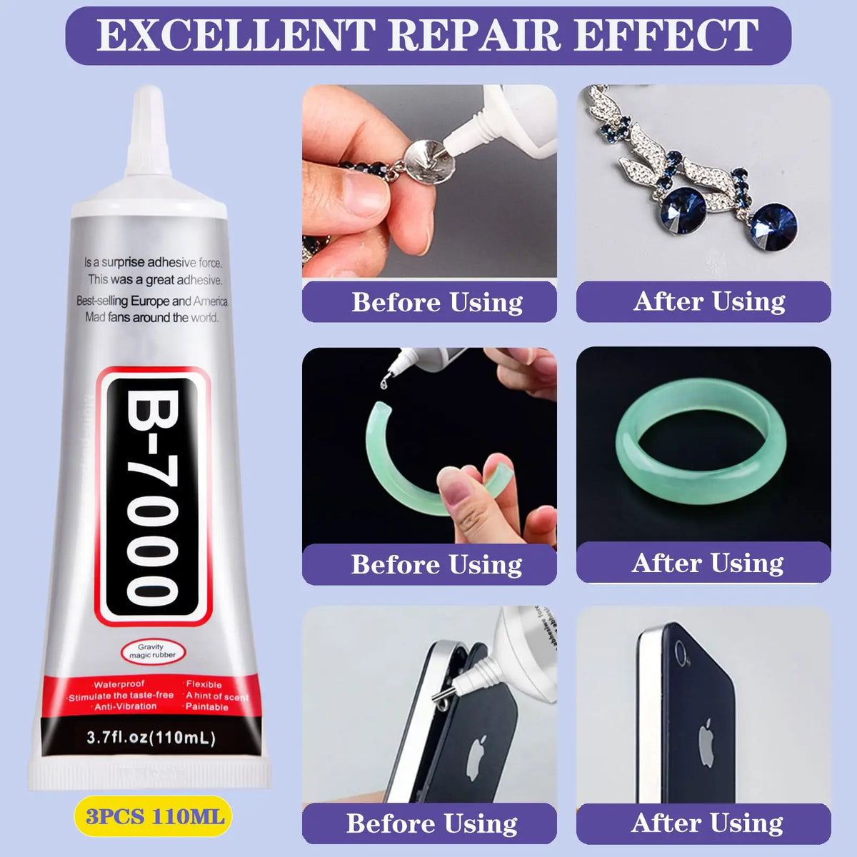 A set of three B-7000 adhesives showing before and after usage on various materials.