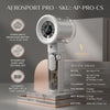 AerSport Pro handheld fan with a silver body and clear lens displayed on a marble surface.