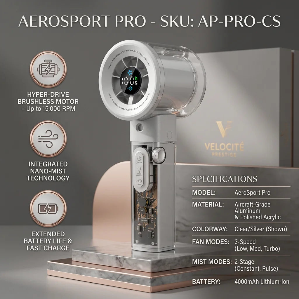 AerSport Pro handheld fan with a silver body and clear lens displayed on a marble surface.