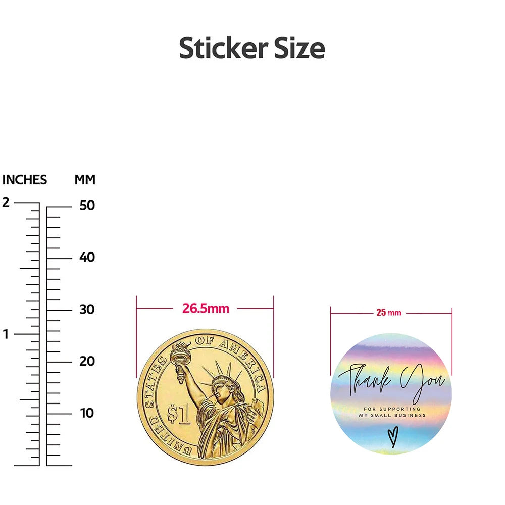 A diagram showing the size of a sticker in inches and millimeters, alongside examples of a coin and a thank you circle.