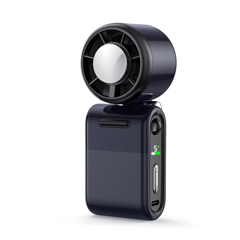 A dark blue portable USB rechargeable mini handheld fan with a circular grille and a digital display.