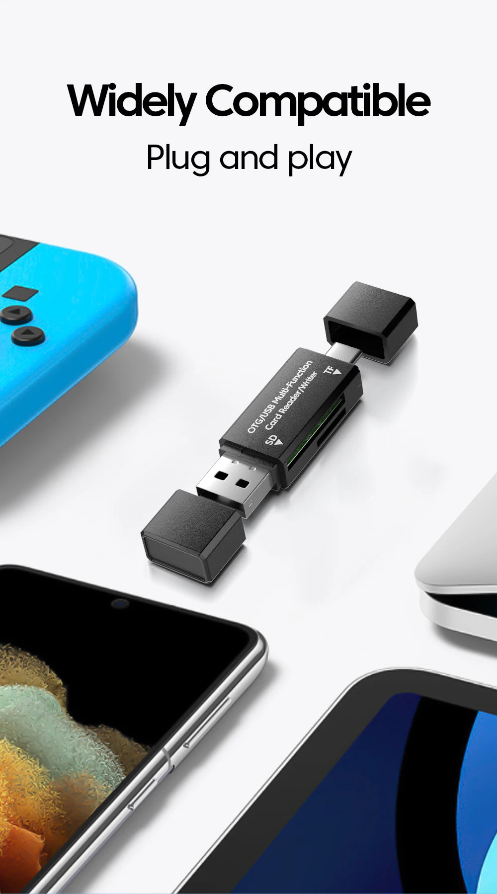 A black USB-C to SD/TF card reader adapter is shown next to a smartphone.