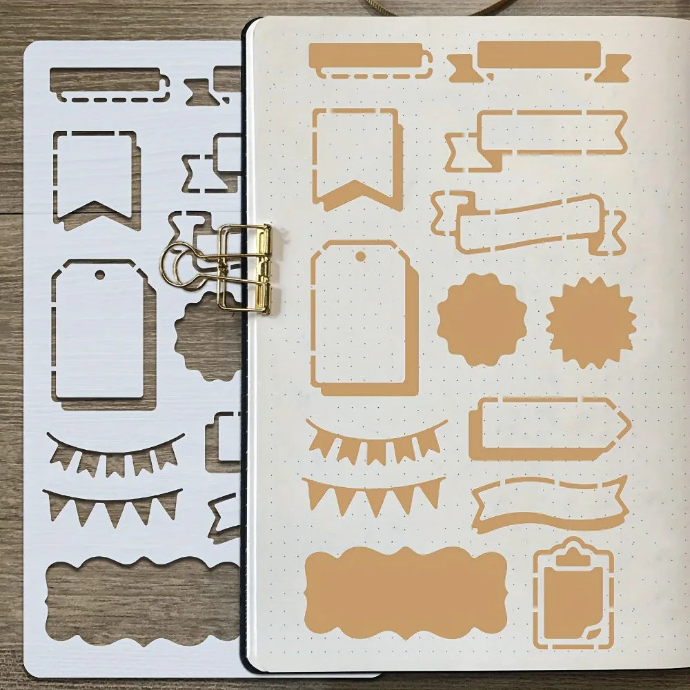 A set of reusable journal stencils featuring various decorative shapes for scrapbooking and drawing on a page.