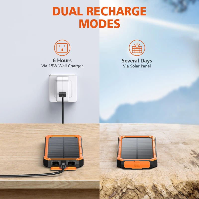 Orange solar power bank with a solar panel and charging cable shown on a wooden surface.