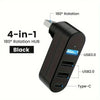 Black 4-in-1 USB Hub with 180° rotation featuring USB 3.0, USB 2.0, and Type-C ports.