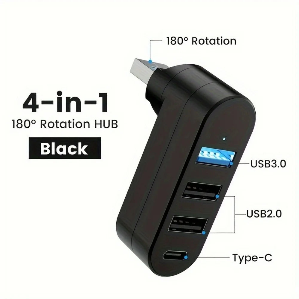 Black 4-in-1 USB Hub with 180° rotation featuring USB 3.0, USB 2.0, and Type-C ports.