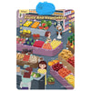An interactive alphabet wall chart featuring various fruits and vegetables for preschool learning.