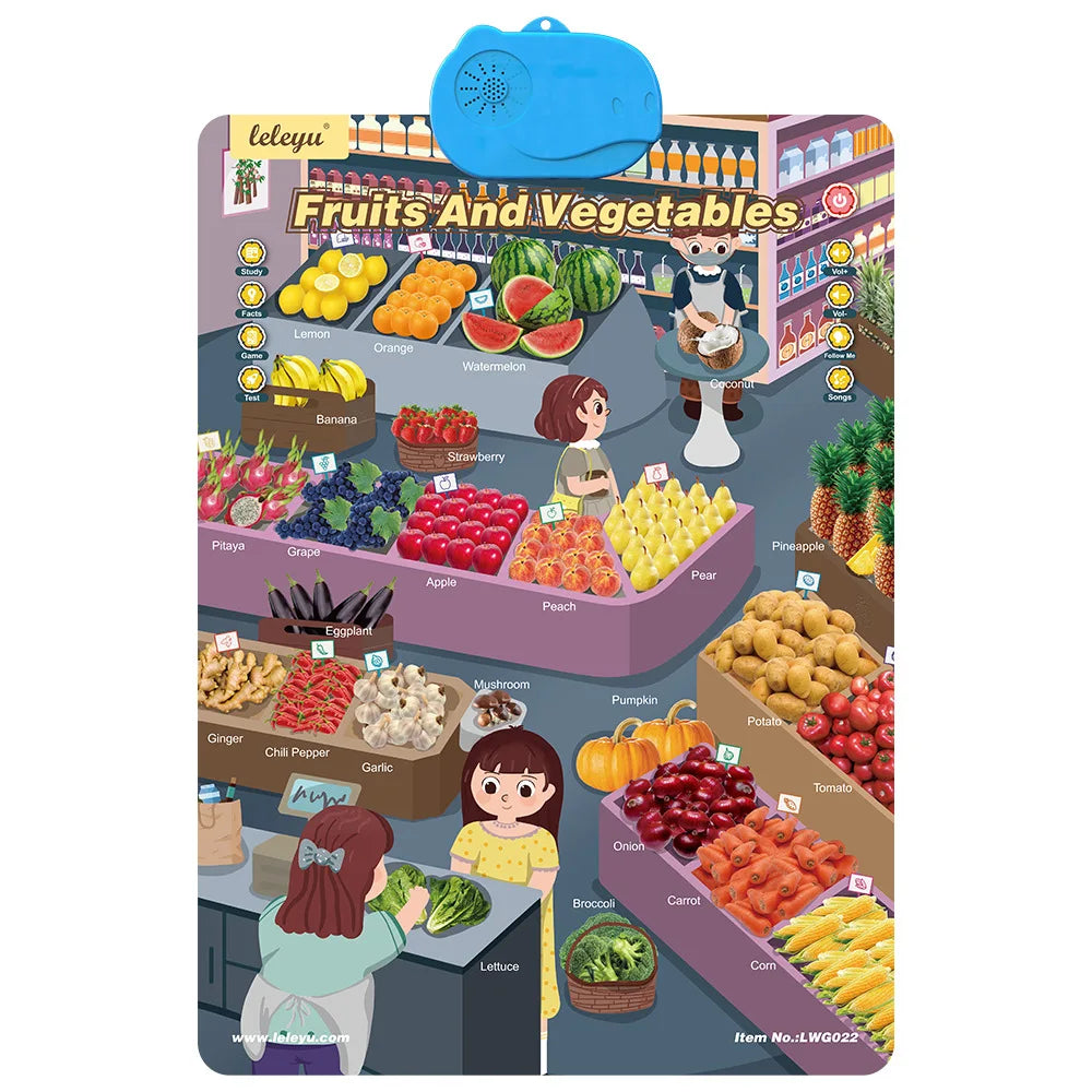 An interactive alphabet wall chart featuring various fruits and vegetables for preschool learning.