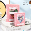 Pink photo card binder with a heart design and text on a white background