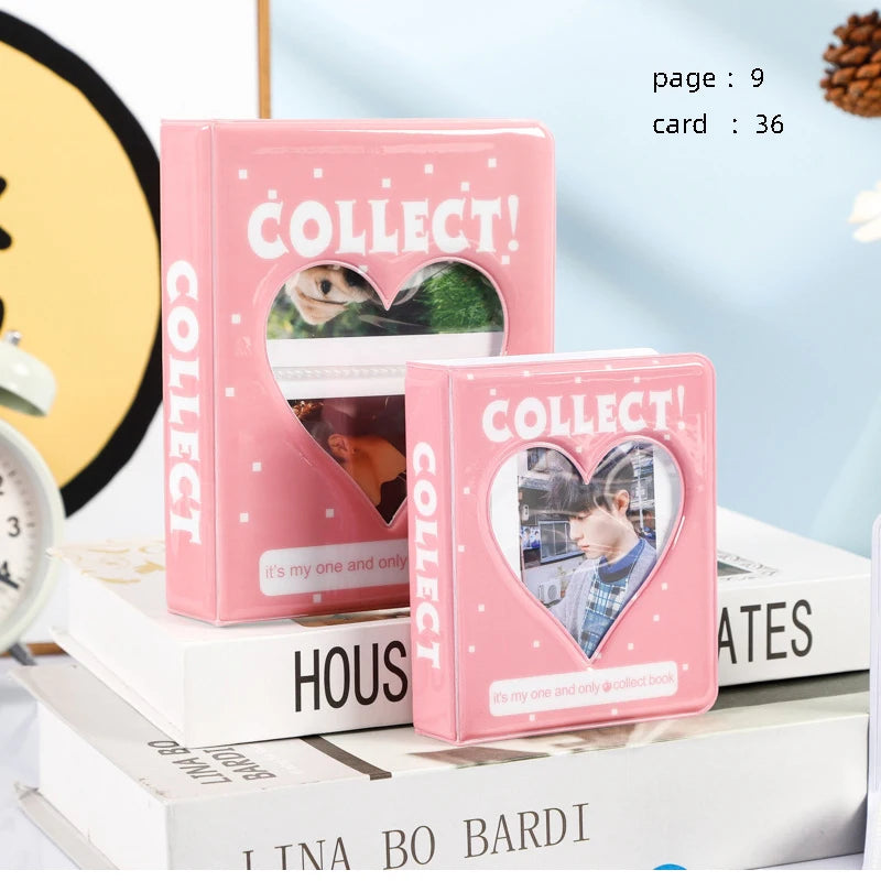 Pink photo card binder with a heart design and text on a white background