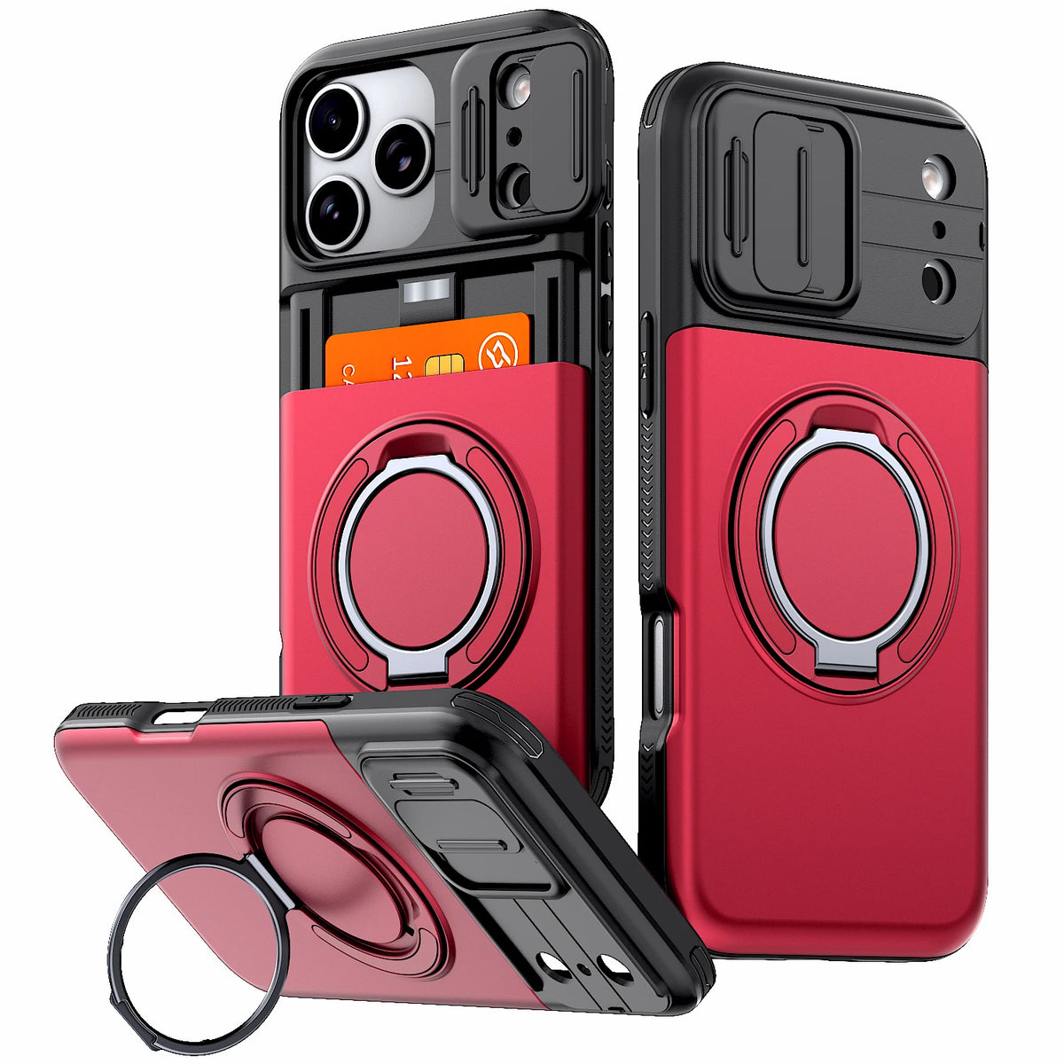 Ein Set von roten und schwarzen Premium iPhone-Wallet-Hüllen mit Ständern in verschiedenen Winkeln.