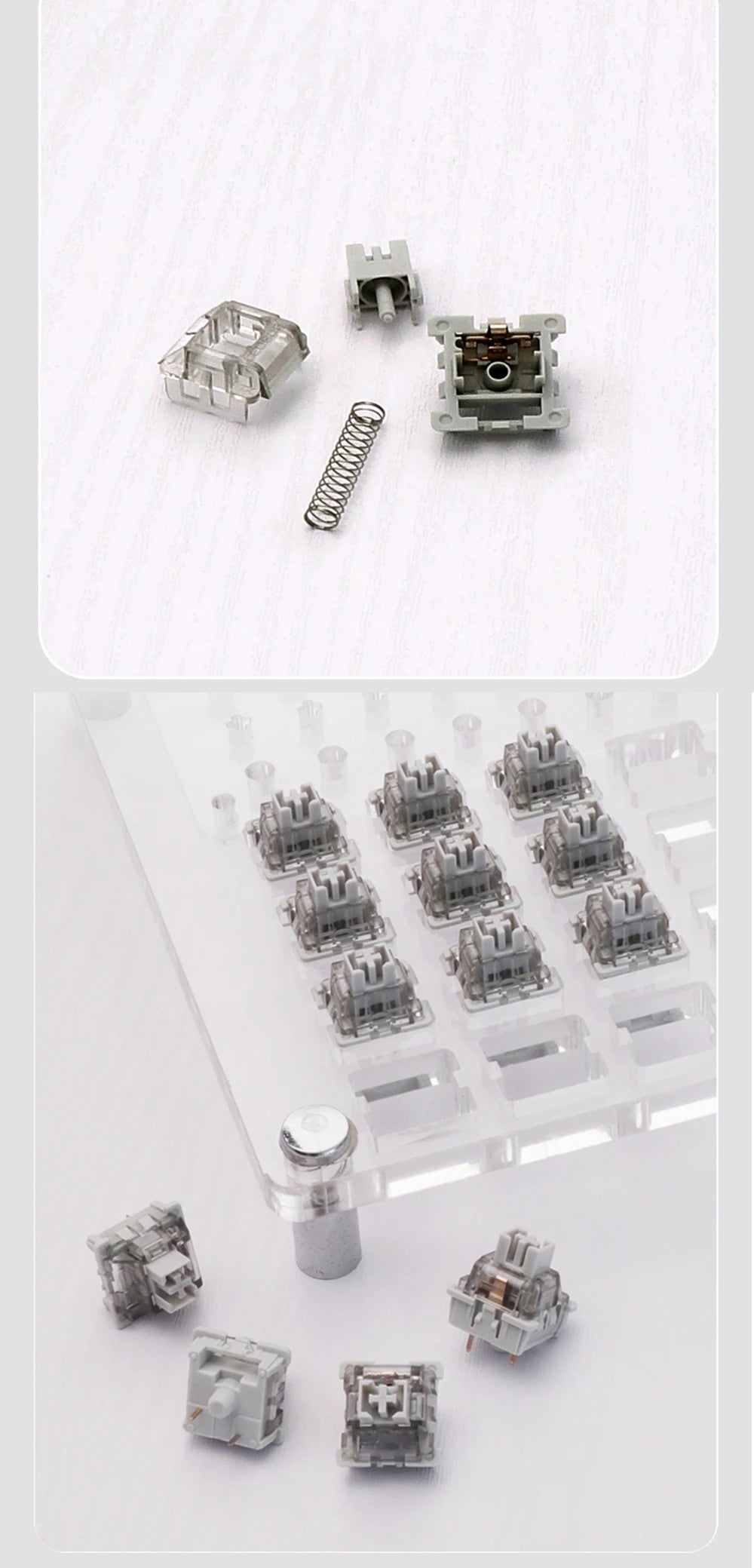 A collection of gray mechanical keyboard switches and a spring shown on a white background.
