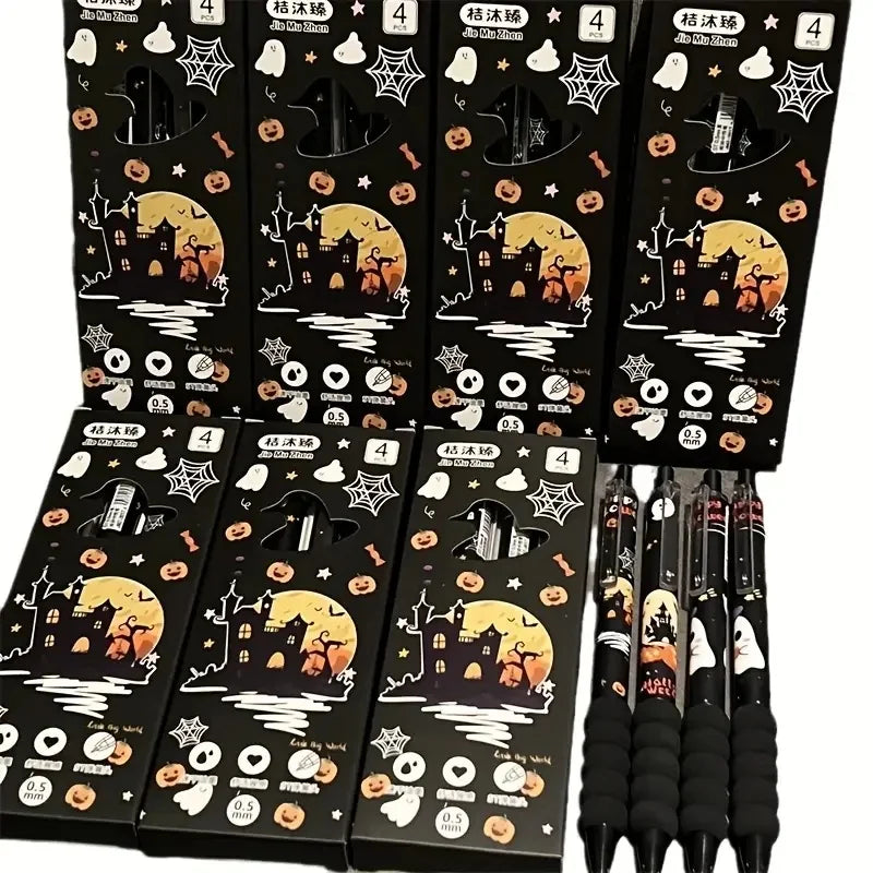Set thematische Gelstifte mit Halloween-Designs und Fledermäusen in verschiedenen Farben.