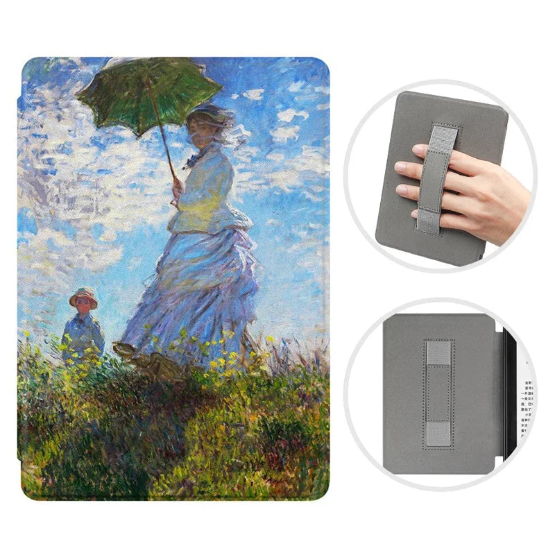 A premium gray leather case for a Kindle Paperwhite device is shown alongside an illustration of a woman with a green umbrell