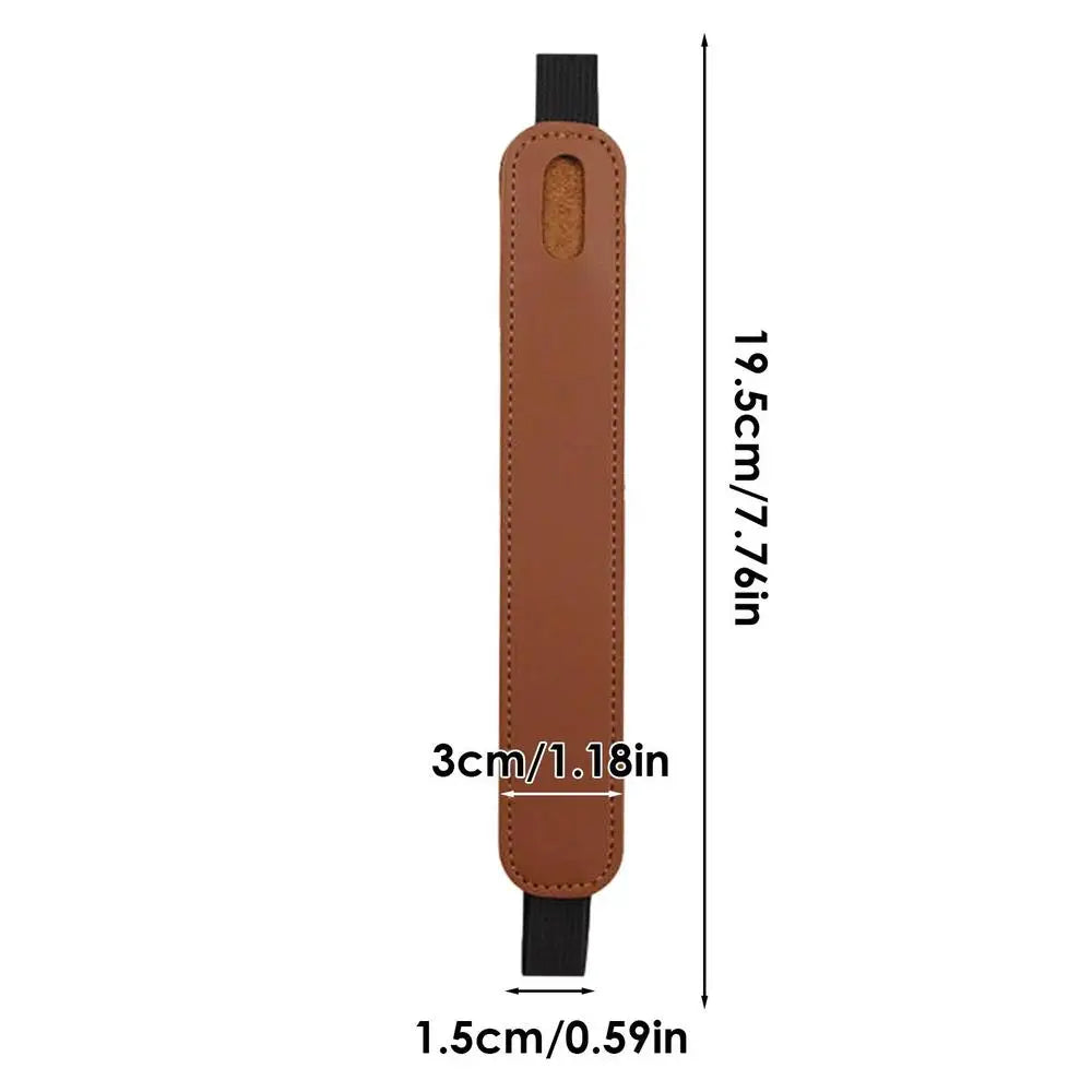 A brown leather protective case for a tablet stylus pen shown with dimensions.