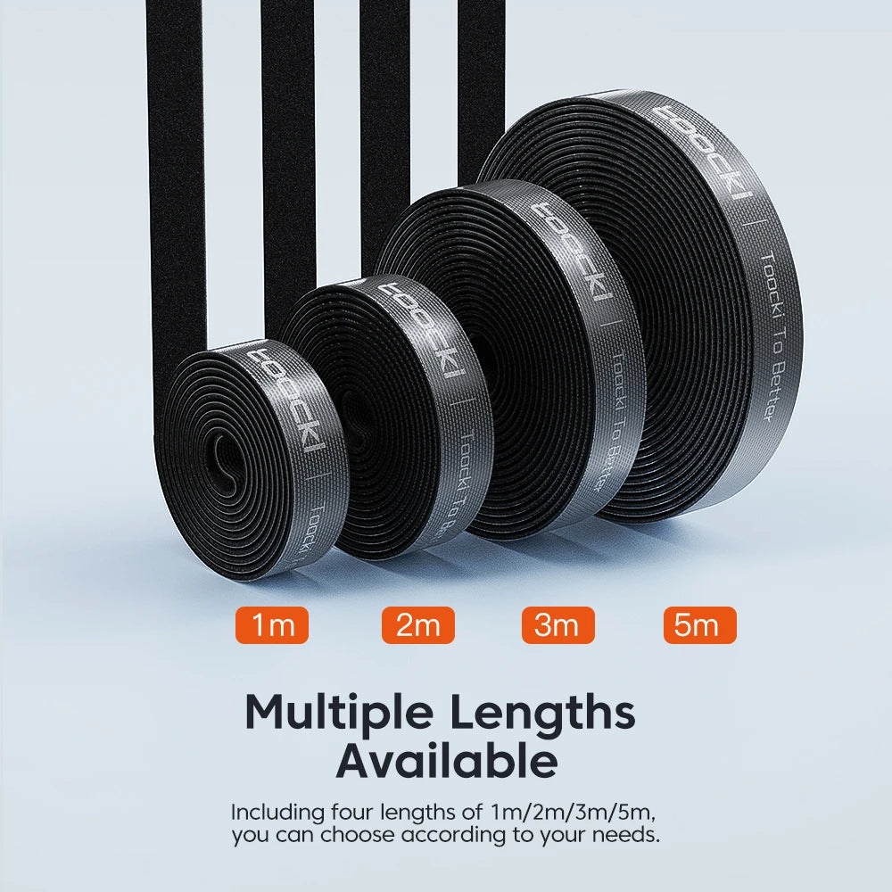 Set schwarze Kabelorganisator-Winderbänder in verschiedenen Längen (1m, 2m, 3m, 5m).