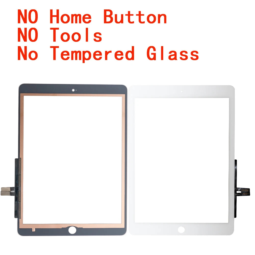 Un par de reemplazos de digitalizador de pantalla para iPad, uno negro y uno blanco, mostrados junto a texto que describe las