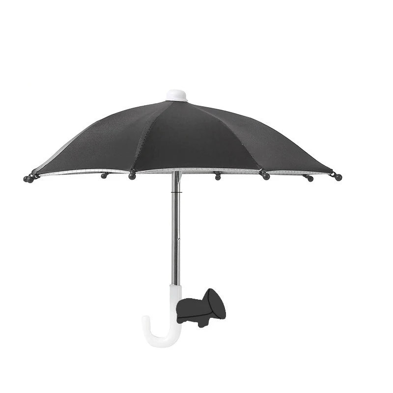 A black umbrella stand with a suction cup base and a canopy, designed to hold a phone.