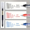 A set of three gel pens in black, red, and blue colors demonstrating a smooth writing tip.