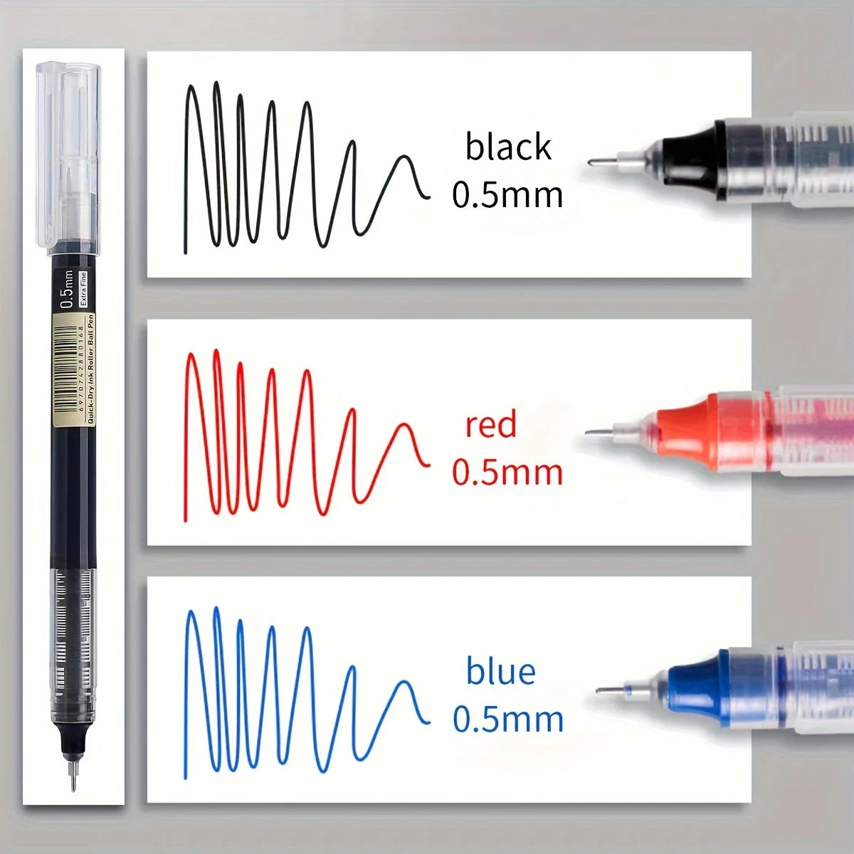 A set of three gel pens in black, red, and blue colors demonstrating a smooth writing tip.