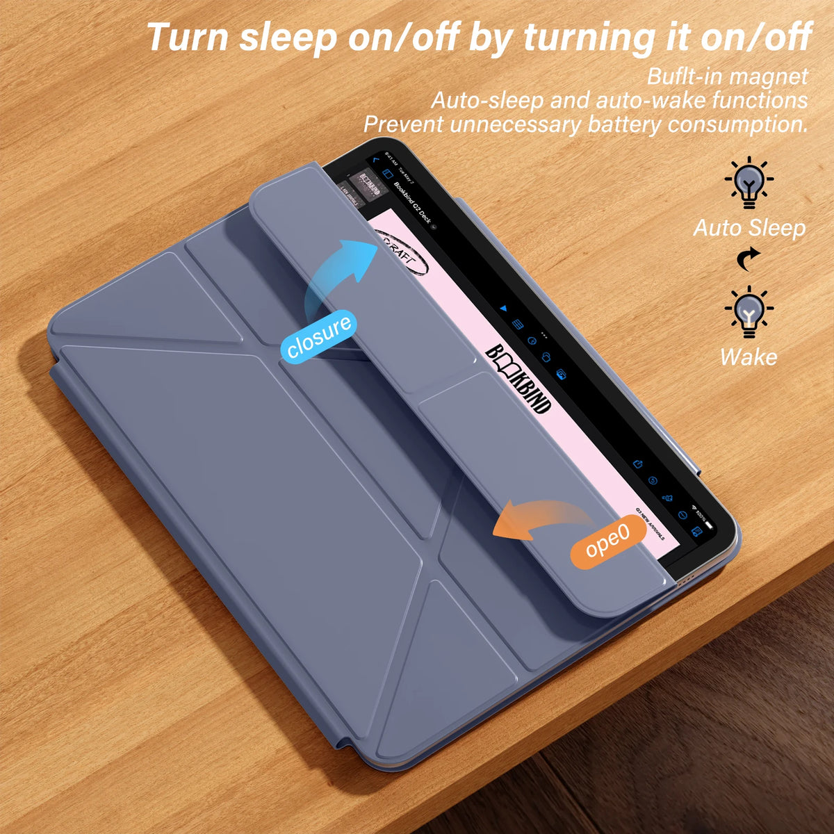 A gray magnetic protective case for an Apple iPad is shown with features for auto-sleep and wake functions.