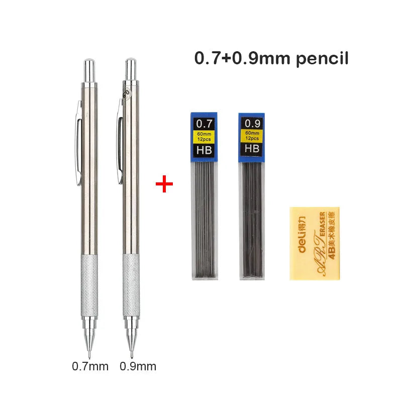 A set of 0.7 and 0.9 mm mechanical pencils with HB lead, including a plus sign and packaging.