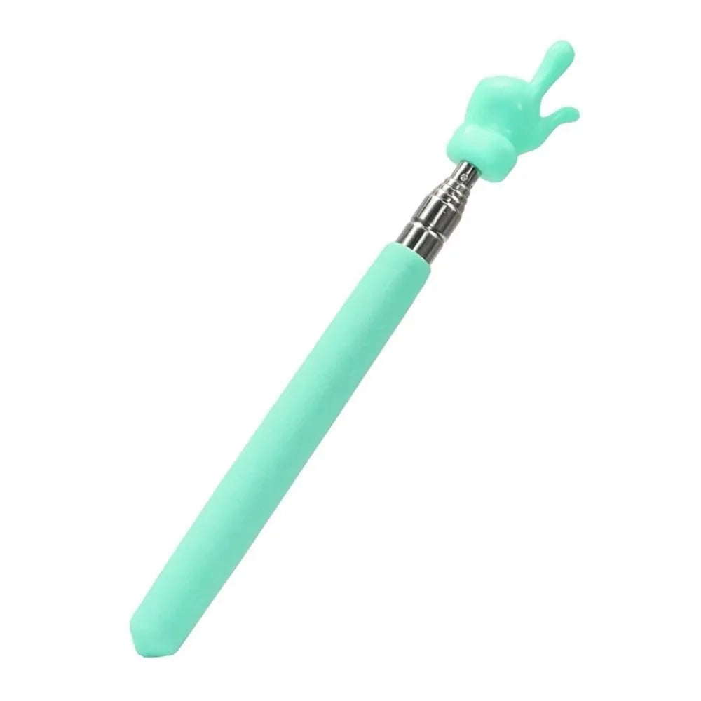 A light mint green telescopic stainless steel teaching pointer with a curved tip.